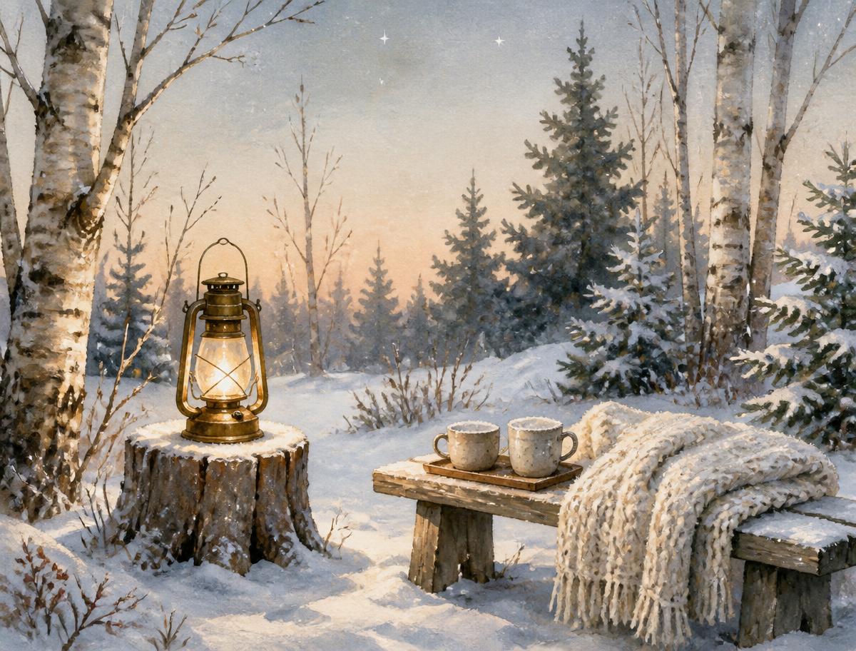 Illustration i mjuk akvarellstil av en snöig nordisk glänta i skymningsljus – en lysande lykta på en trästubbe, en träbänk med en stickad filt och två keramikmuggar, omgiven av björkar och granar