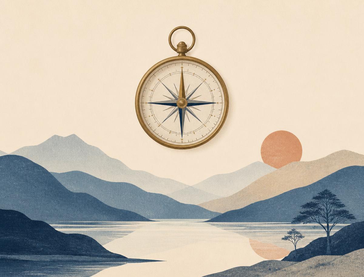 Illustration av en kompass över ett lugnt landskap med lager av berg och en sjö i dovt blått