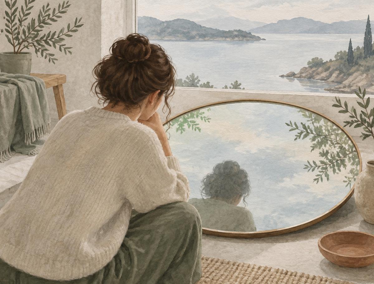 Illustration i mjuk akvarellstil av en person som sitter lugnt framför ett stort runt spegelglas med naturligt ljus och ett stilla landskap reflekterat i ytan